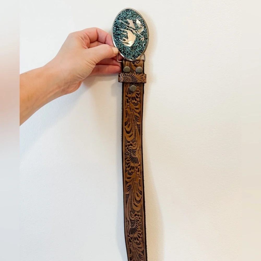 VINTAGE CHAMBERS Tooled Leather Turquoise Silver Buckle south Western Aztec Belt